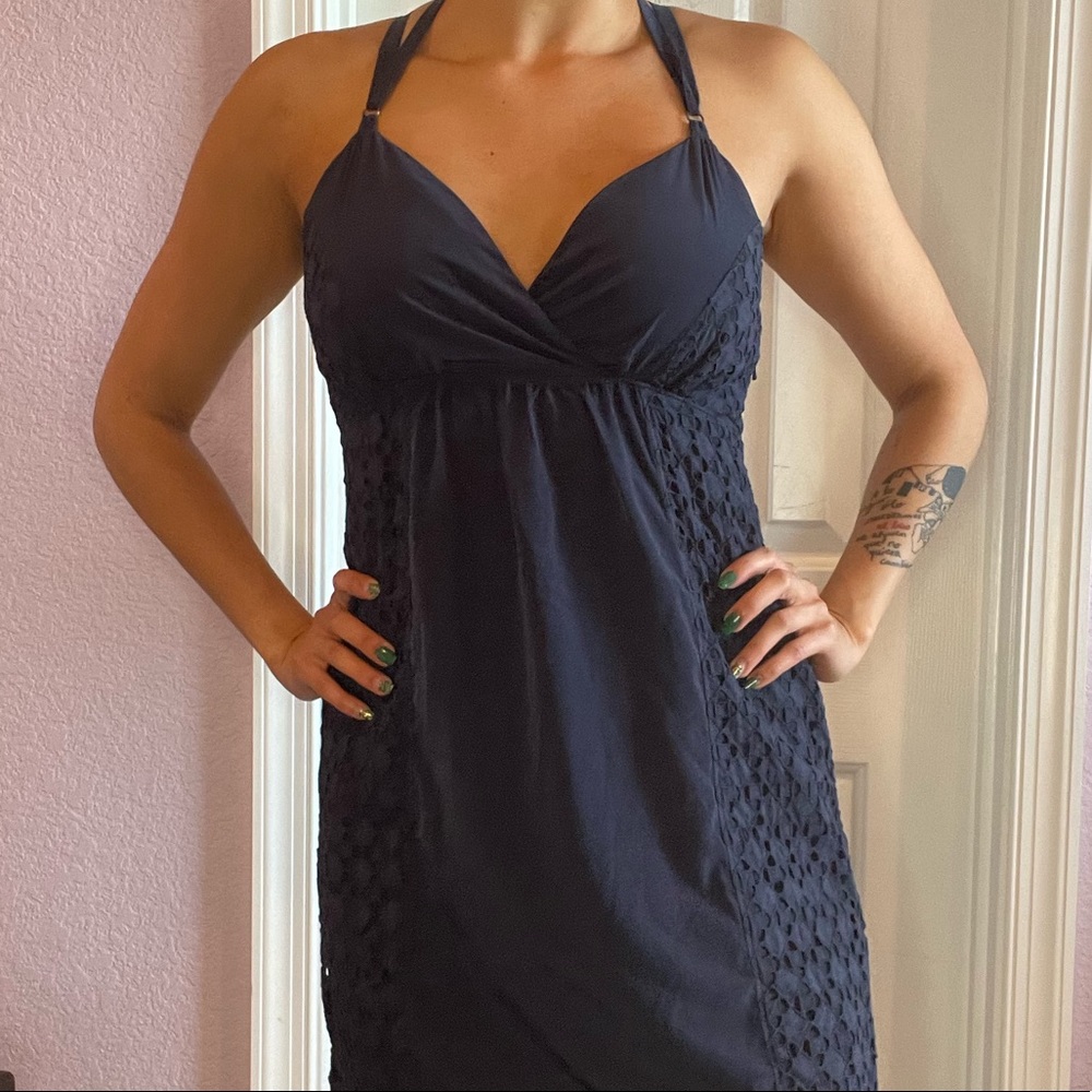 Athleta halter tie navy blue dress with lace detailing on side